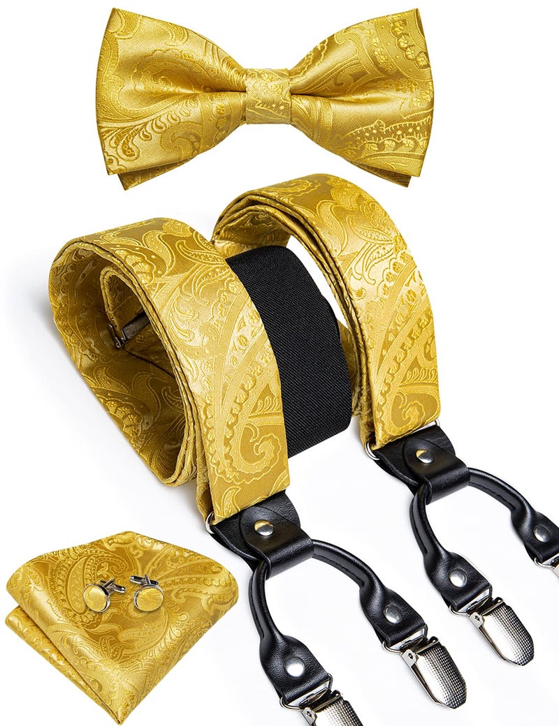 DiBanGu Gold Paisley Suspenders for Men Y-Shape Adjustable Suspenders Bowtie Pocket Square Cufflinks Clip Brace - Image 1